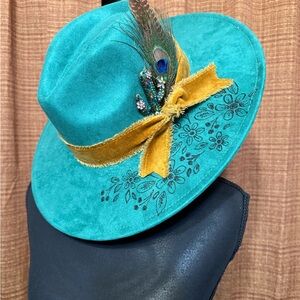 Chic Hand Burned Turquoise Wide Brimmed Fedora with Gold Velvet Ribbon.